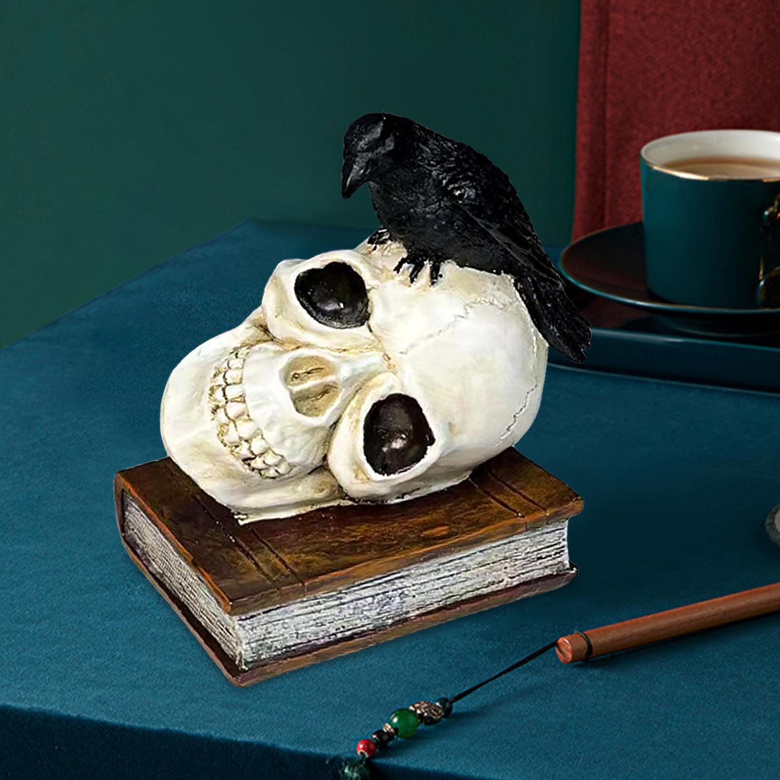 Perched Raven on Skull and Book Statue Ornament for Halloween Desktop Coffee