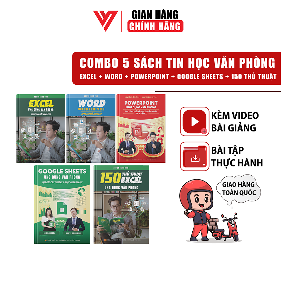 Combo 5 Sách Excel - Word - Power Point - 150TT - Google Sheet ĐÀO TẠO TIN HỌC Ứng Dụng Văn Phòng Kèm Video Hướng Dẫn