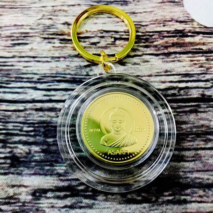 Móc khóa xu Phật Nepal dùng để trang trí chìa khóa, mang lại may mắn, làm quà tặng dịp Lễ, Tết, kích thước 5cm, màu vàng - ECOINS