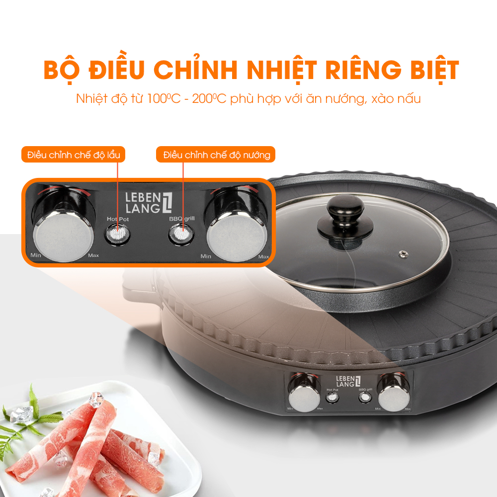 Nồi lẩu điện 2 ngăn Lebenlang LBTT5288-EC, bếp lẩu nướng 2in1 đa năng tròn loại to,công suất 1800W tiện lợi cho gia đình - hàng chính hãng