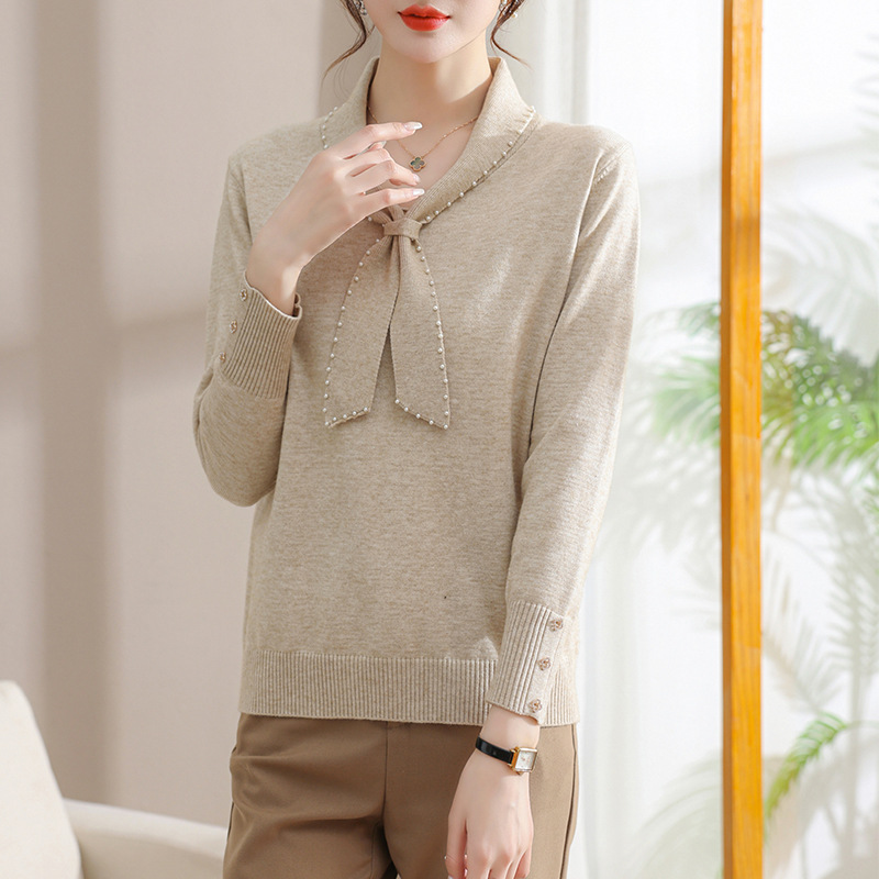 Áo Len Dệt Kim Cổ Nơ Đính Cườm Thời Trang Cho Nữ AL100 - Hàng Quảng Châu Cao Cấp