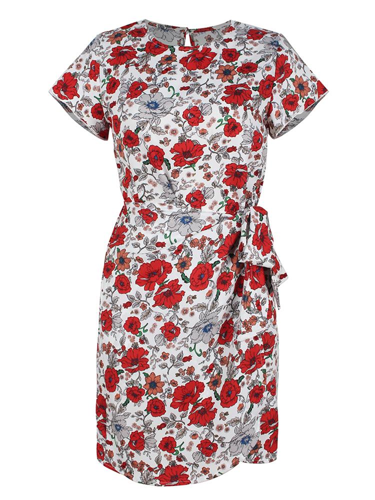 Women Summer Floral Print Dress Tied Waist Irregular Hemline Short Sleeves Bohemian Holiday Beach Casual Dress
