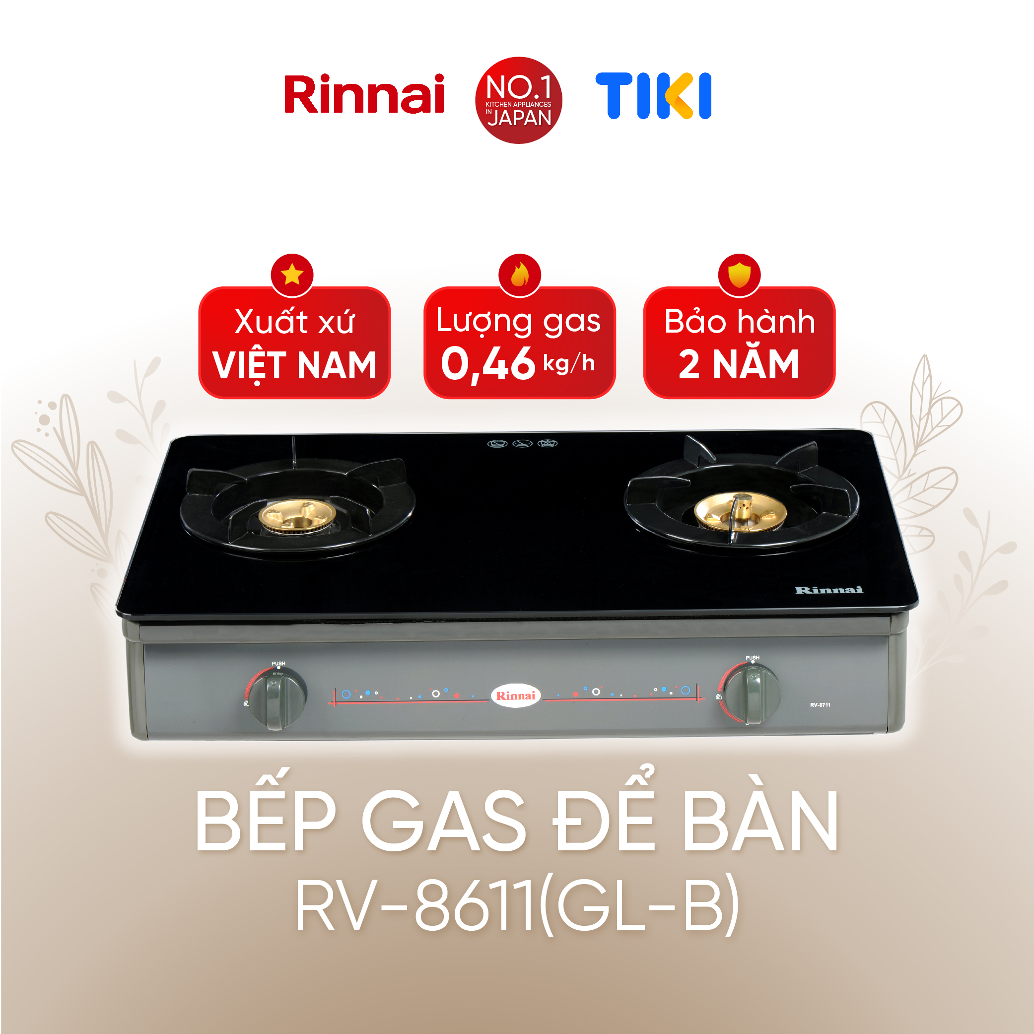 Bếp gas dương Rinnai RV-8611(GL-B) mặt bếp kính và kiềng bếp men - Hàng chính hãng.