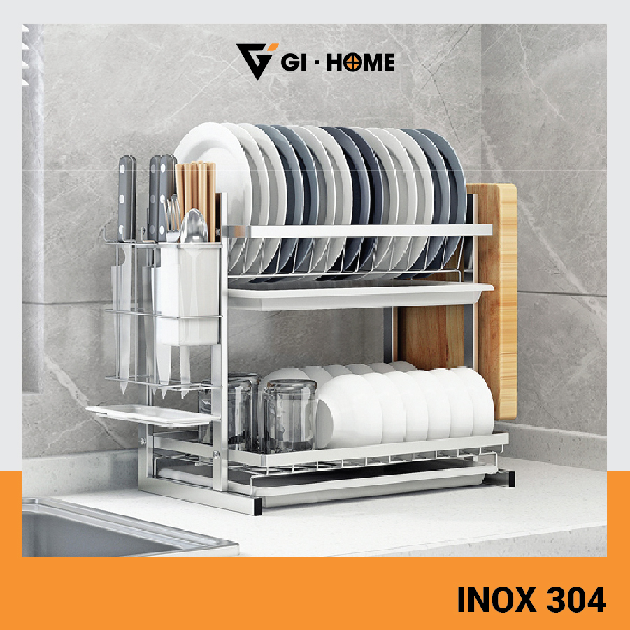 Kệ Chén Bát Đĩa 2 Tầng GIHOME Inox 304 Kèm 2 Khay Ráo Nước Gọn Gàng Tiết Kiệm Không Gian