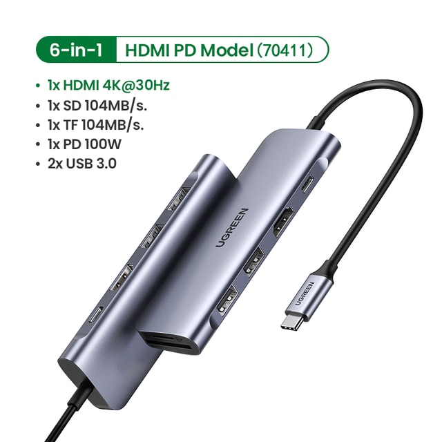 Bộ chuyển đổi đa năng TypeC sang 2 USB 3.0 + HDMI + SD, TF+ PD (6 in 1) Ugreen - hàng chính hãng 70411
