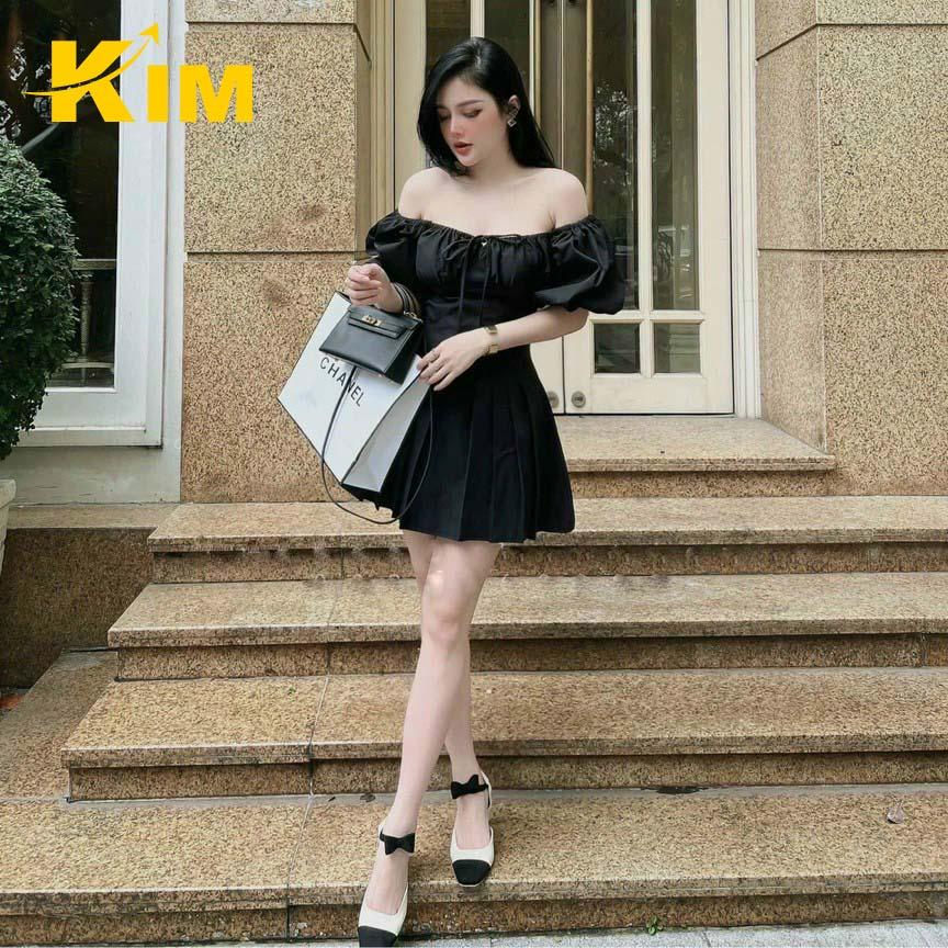 Đầm tiểu thư tay bồng tà xếp ly Kim Freesize &lt; 52kg màu