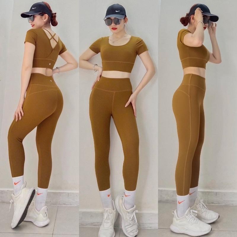 Set Bộ đồ tập gym, yoga, aerobic nữ áo croptop Đan dây lưng quần dài