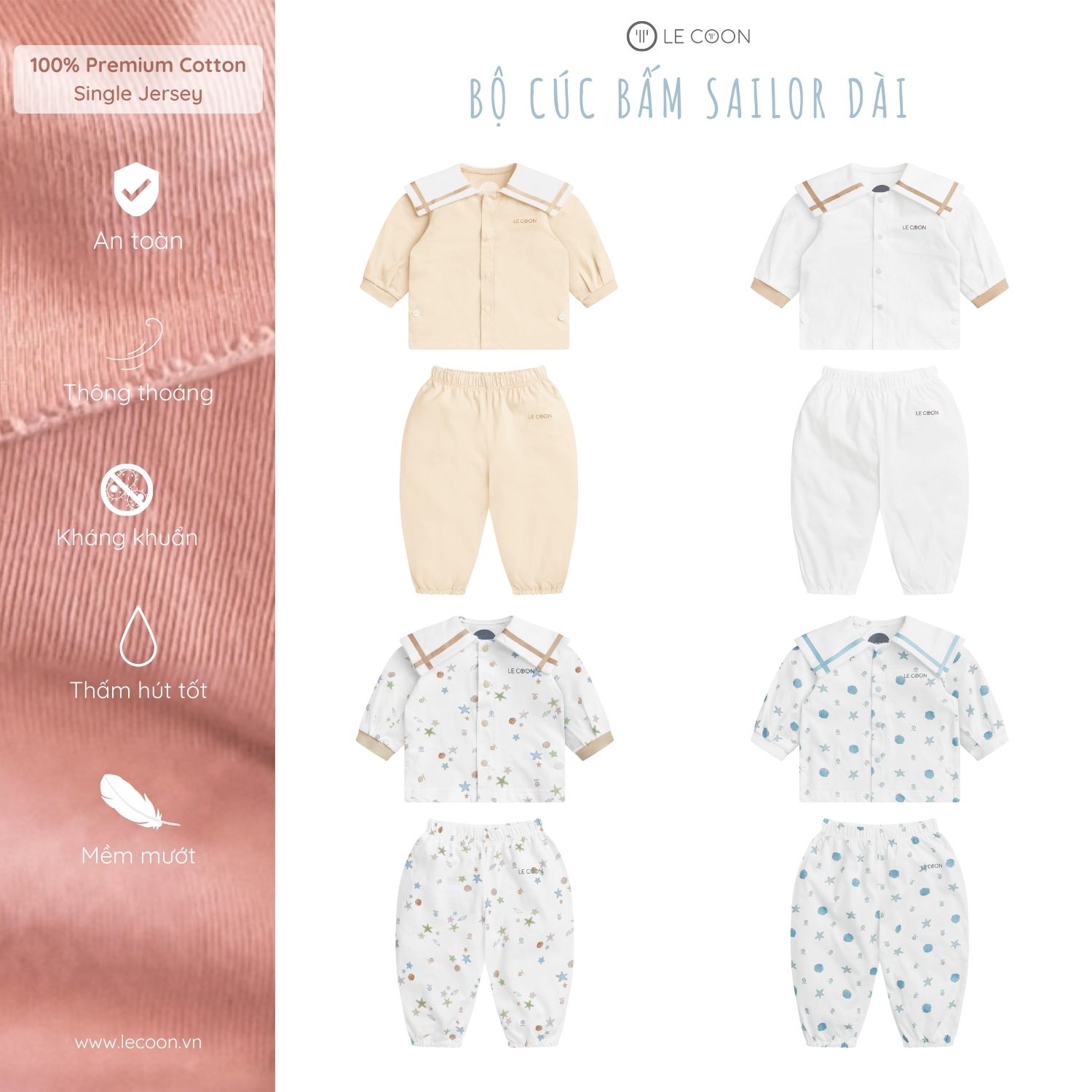 LE COON | BỘ CÚC BẤM SAILOR DÀI | Vải COOL mỏng mát | 0-18 tháng