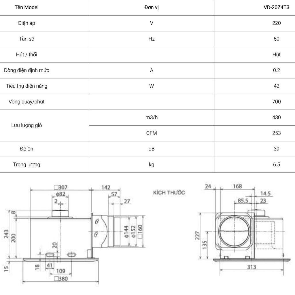 Quạt hút âm trần nối ống gió Mitsubishi VD-20Z4T3 42W Made in ThaiLand HÀNG CHÍNH HÃNG