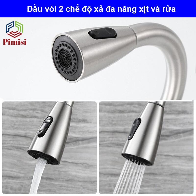 Vòi rửa bát nóng lạnh dây rút inox 304 Pimisi dùng cho chậu rửa chén bát trong nhà bếp gắn chậu với đầu vòi 2 chế độ nước tăng áp và dây rút mềm tiện lợi đa năng | Hàng chính hãng