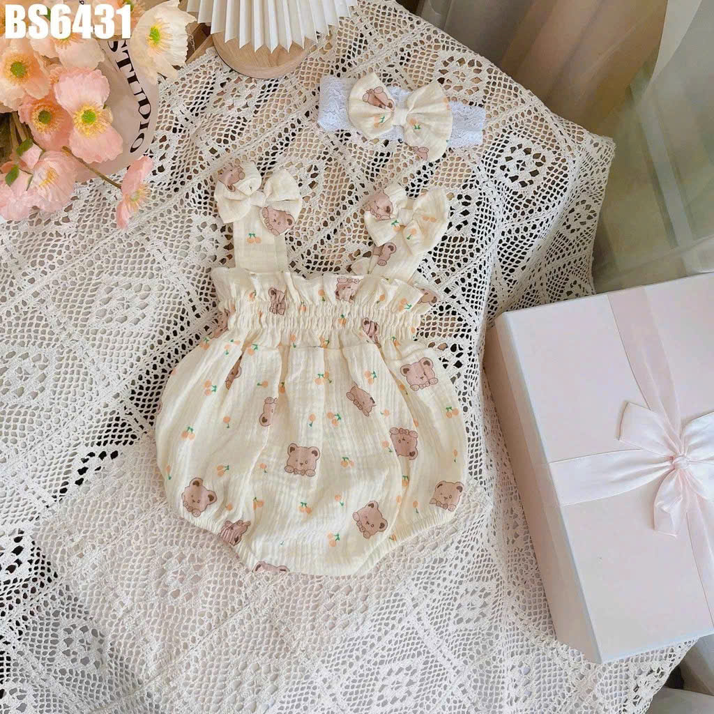SET BODY 2 DÂY HỌA TIẾT GẤU KÈM BĂNG ĐÔ CHO BÉ GÁI SƠ SINH 1 2 TUỔI