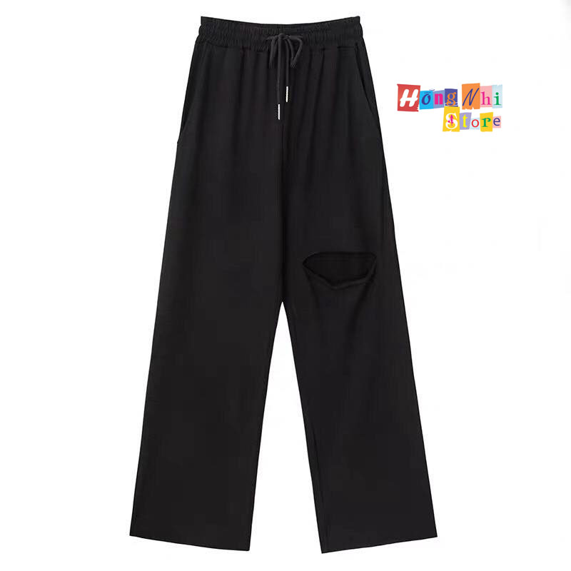Quần Ống Rộng Rách Gối Màu Đen - Quần Ống Rộng Lưng Thun Rách Gối Unisex - MM