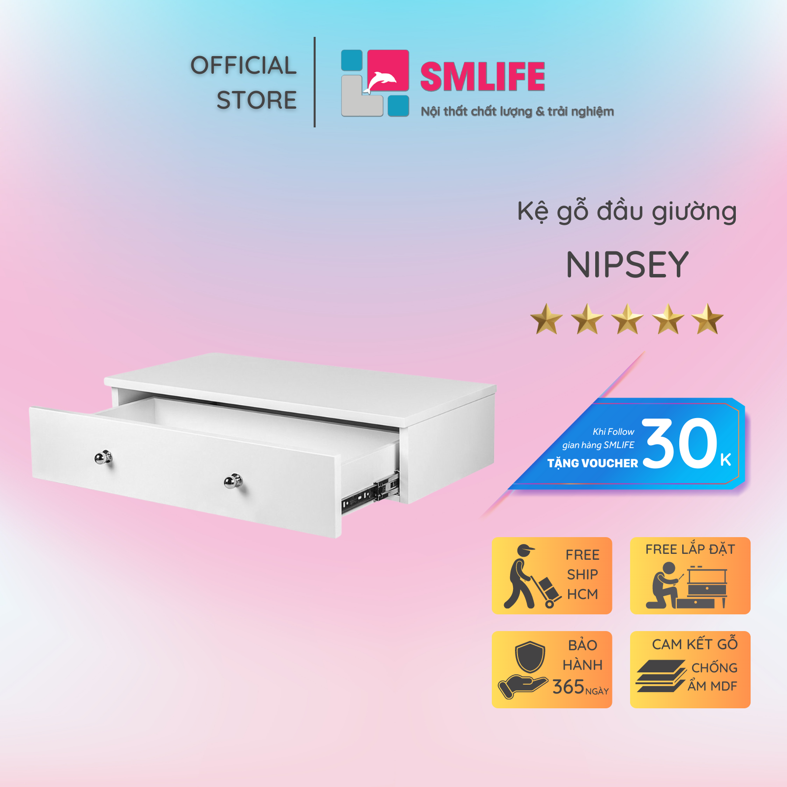 Tủ gỗ đầu giường hiện đại SMLIFE Nipsey | Gỗ MDF dày 17mm chống ẩm | D70xR35xC16cm