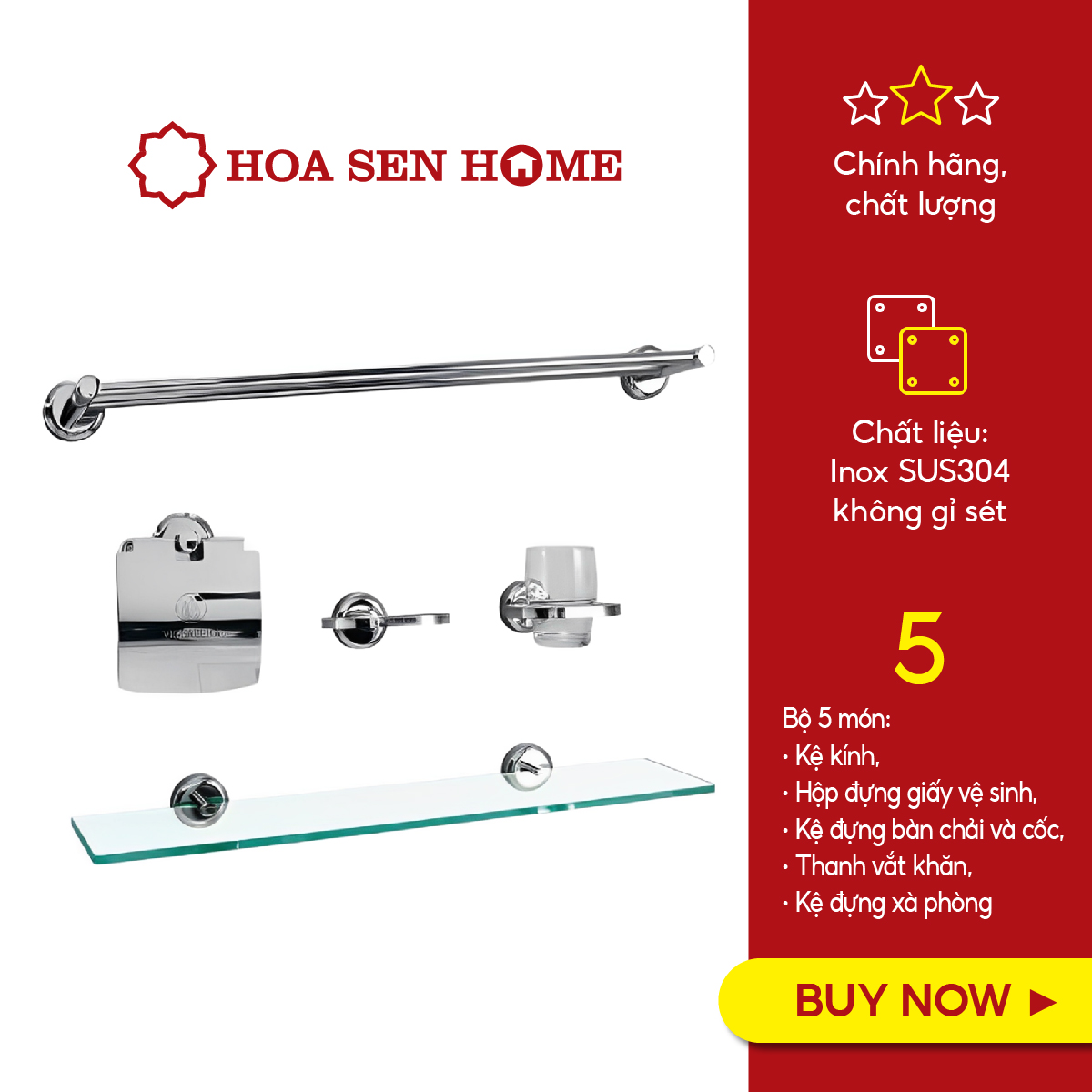 Bộ phụ kiện phòng tắm 5 món Viglacera VG98, chất liệu inox 304 bền đẹp, đạt chuẩn chất lượng quốc tế - Hoa Sen Home - Hàng chính hãng
