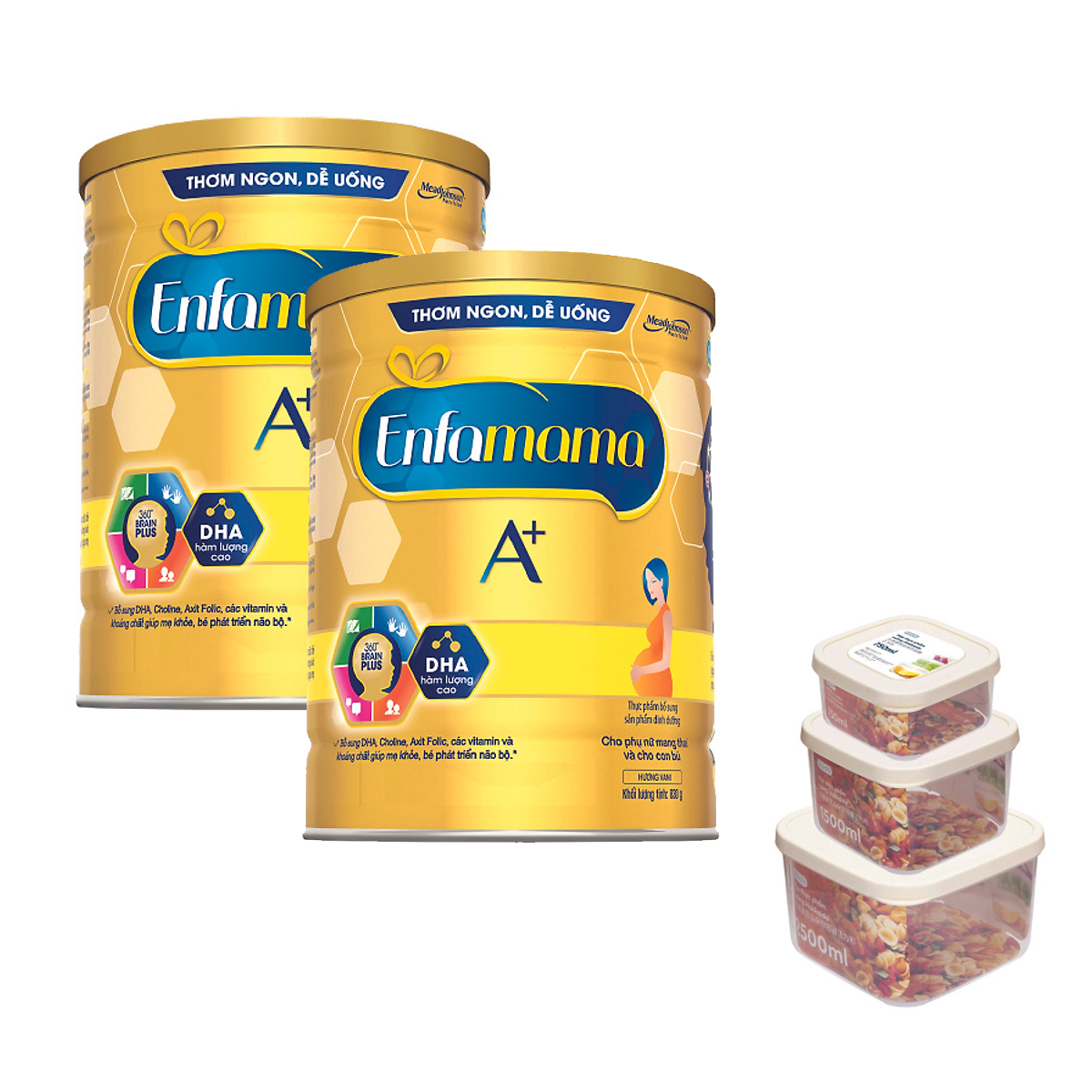 Bộ 2 Lon Sữa Bầu Enfamama 360° Brain Plus Cho Mẹ - Vị Vani - 830g - Tặng Bộ 3 hộp thực phẩm vuông Hokkaido 750-1500-2500ml