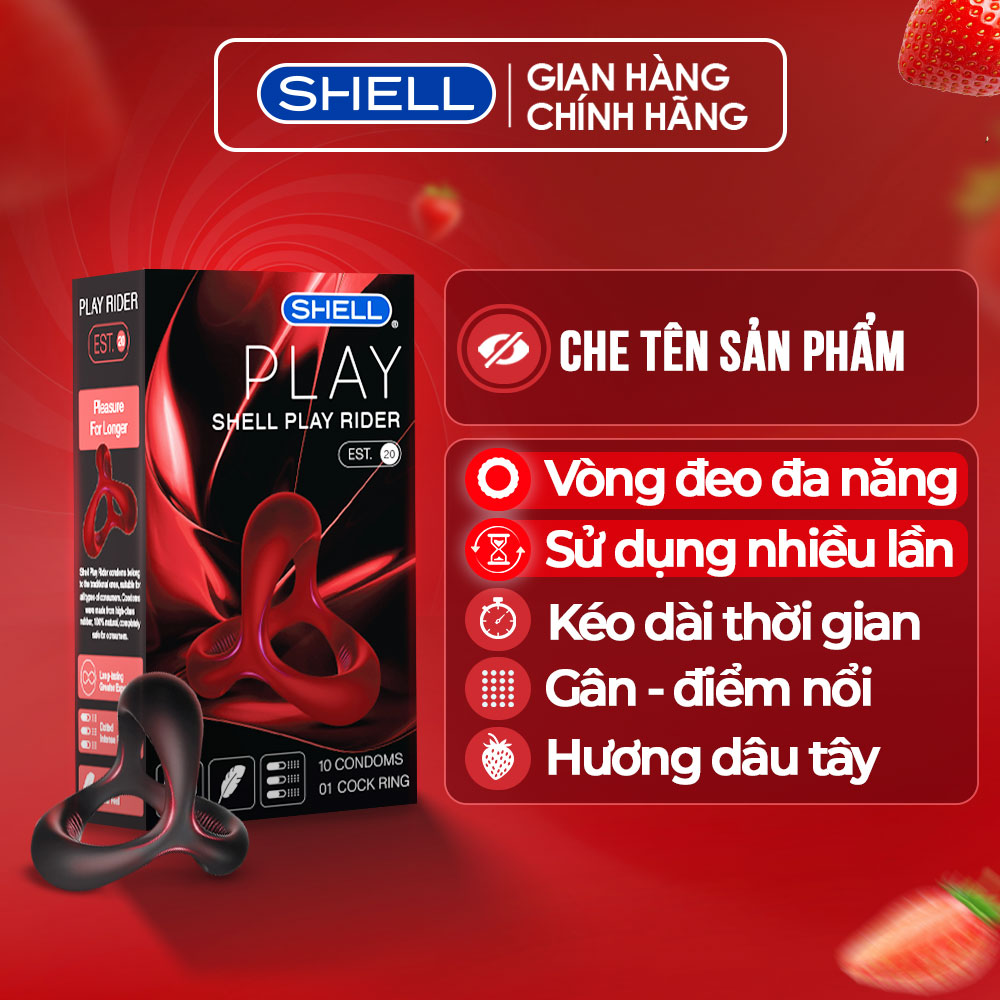 Bao cao su Shell Play Rider 6 tính năng - Hộp 10 cái + 1 vòng đeo kéo dài thời gian | SHELL CHÍNH HÃNG