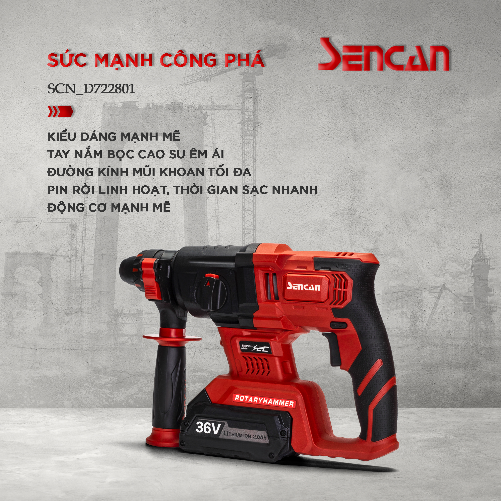 Máy khoan búa dùng pin Sencan D722801