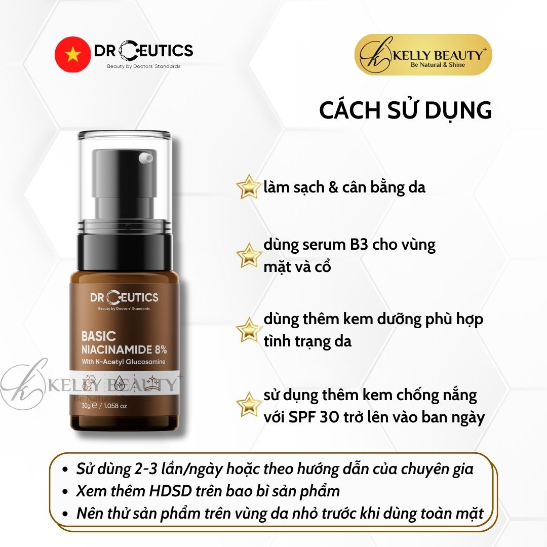 Serum Vitamin B3 8% DrCeutics - Làm Sáng Da, Cân Bằng Dầu &amp; Se Lỗ Chân Lông - Niacinamide 8% + NAG + Kẽm PCA