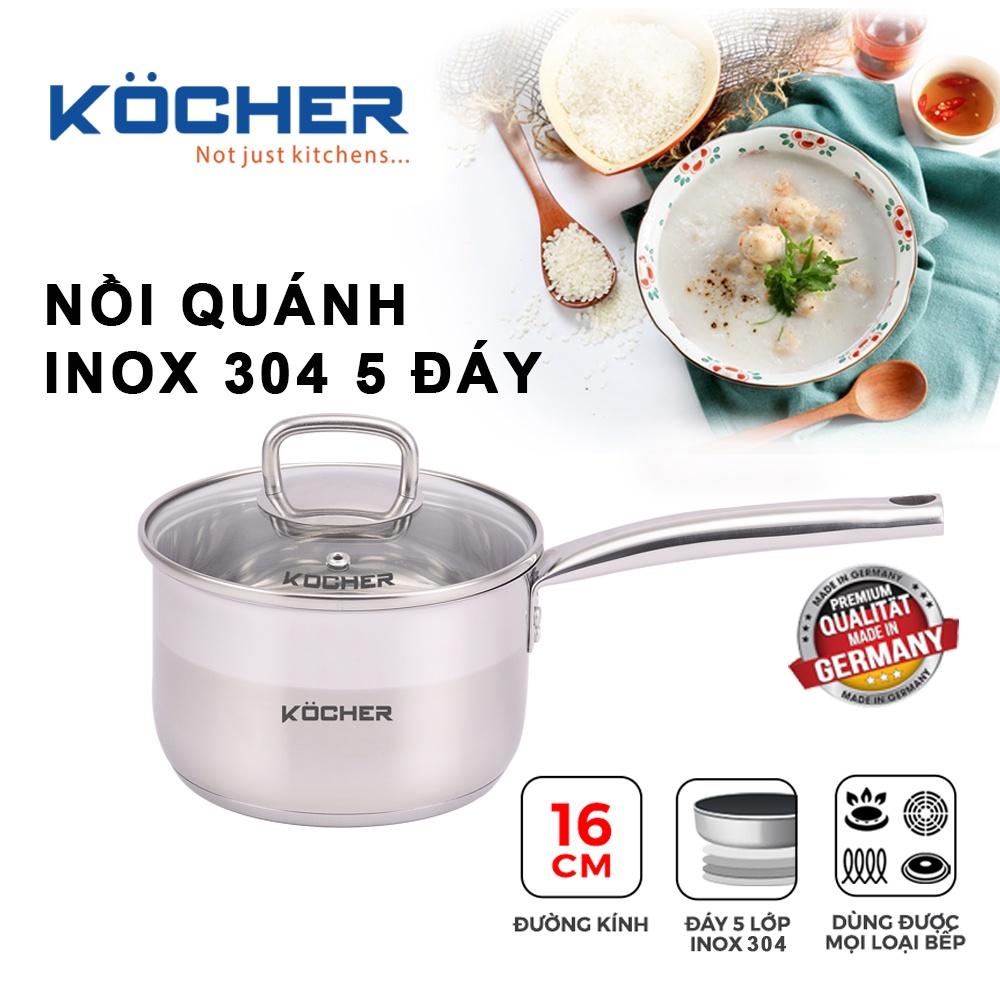 Nồi quánh inox Kocher nấu cháo cho bé có tay cầm inox 304 5 đáy cao cấp size 16cm - Hàng chính hãng