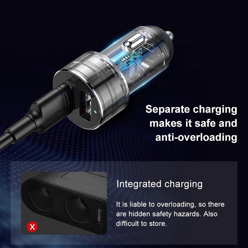 Tẩu sạc đa năng tích hợp bộ chia cổng sạc Baseus High Efficiency 1 to 2 Cigarette Lighter - Hàng Chính Hãng