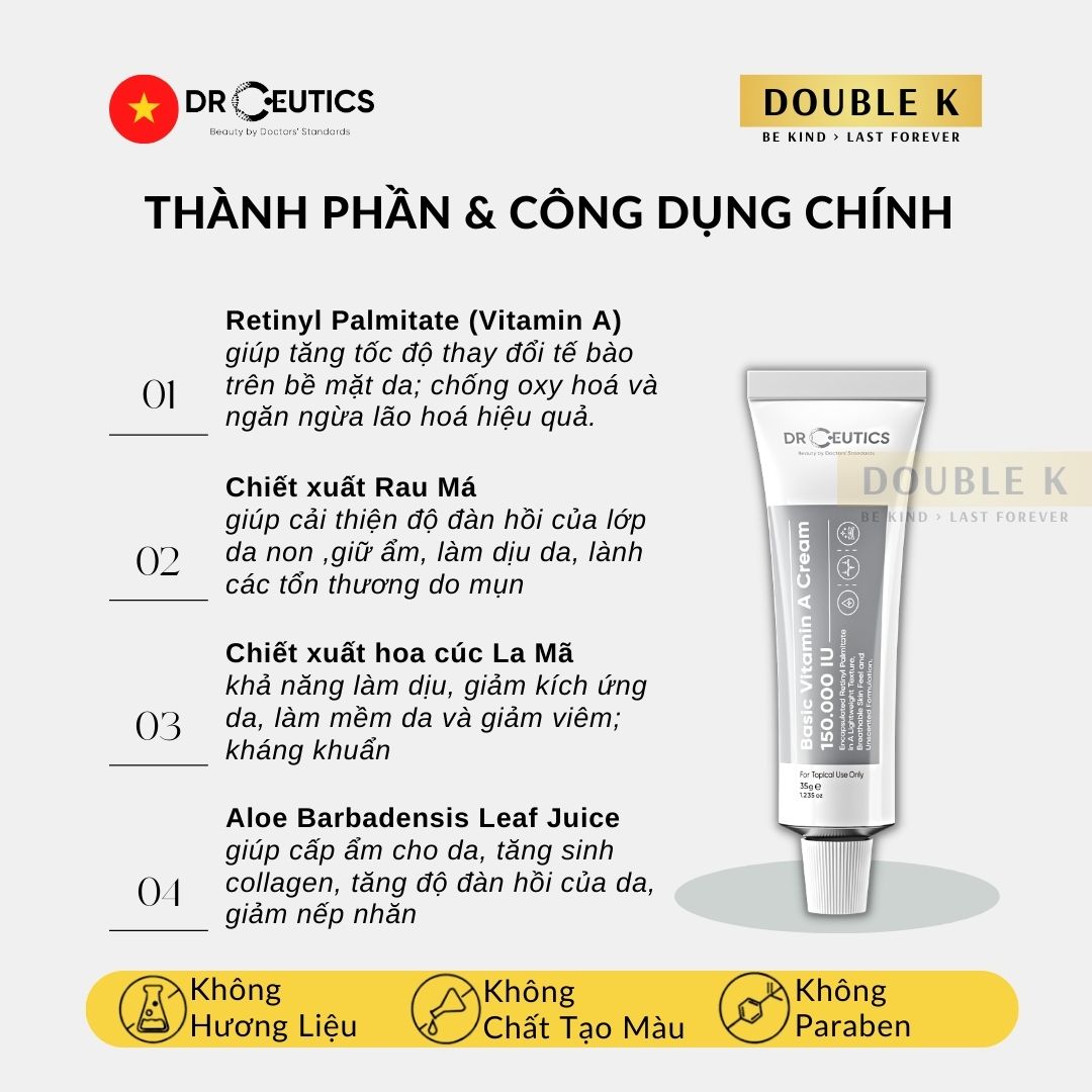 Kem Dưỡng Trẻ Hóa Da DrCeutics Basic Vitamin A Cream 150.000 IU - Double K