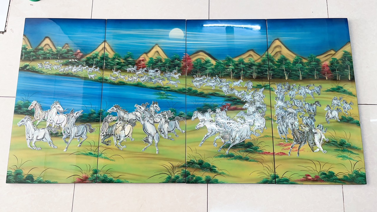 TRANG SƠN MÀI KHẢM XÀ CỪ BÁCH MÃ ĐỒ BỘ 4 TẤM 80X160CM