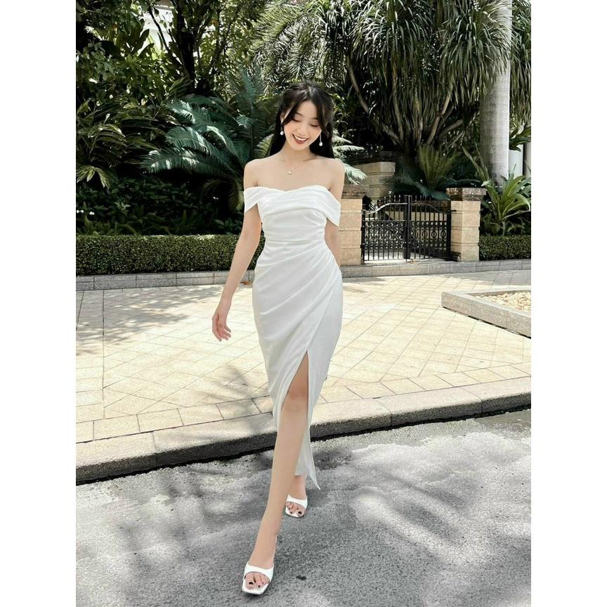 Đầm body dự tiệc trễ vai xếp ly sang trọng