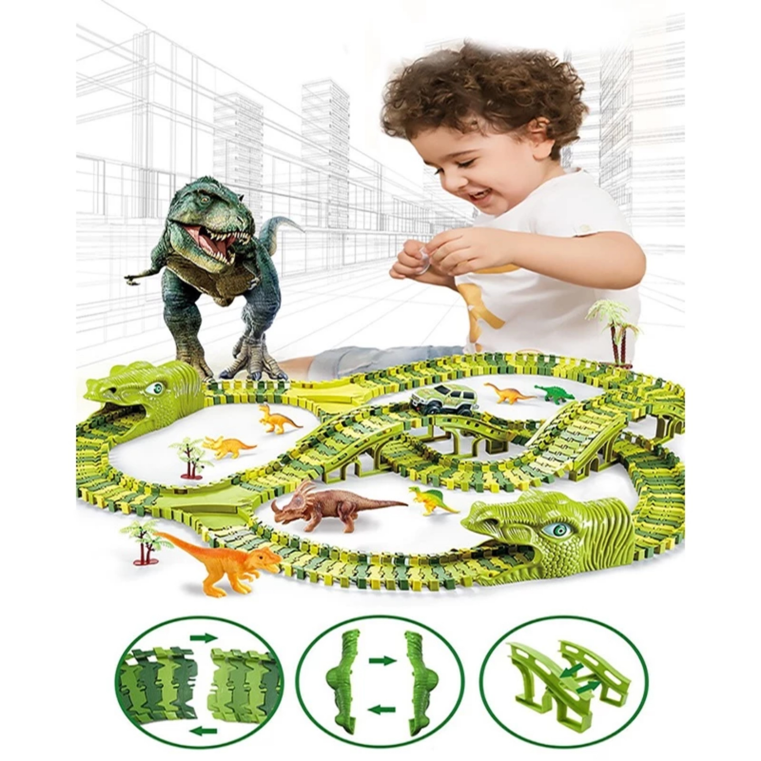 Đồ Chơi Đường Ray Khủng Long Tặng Xe Địa Hình Chạy Pin Siêu Ngầu Cho Bé