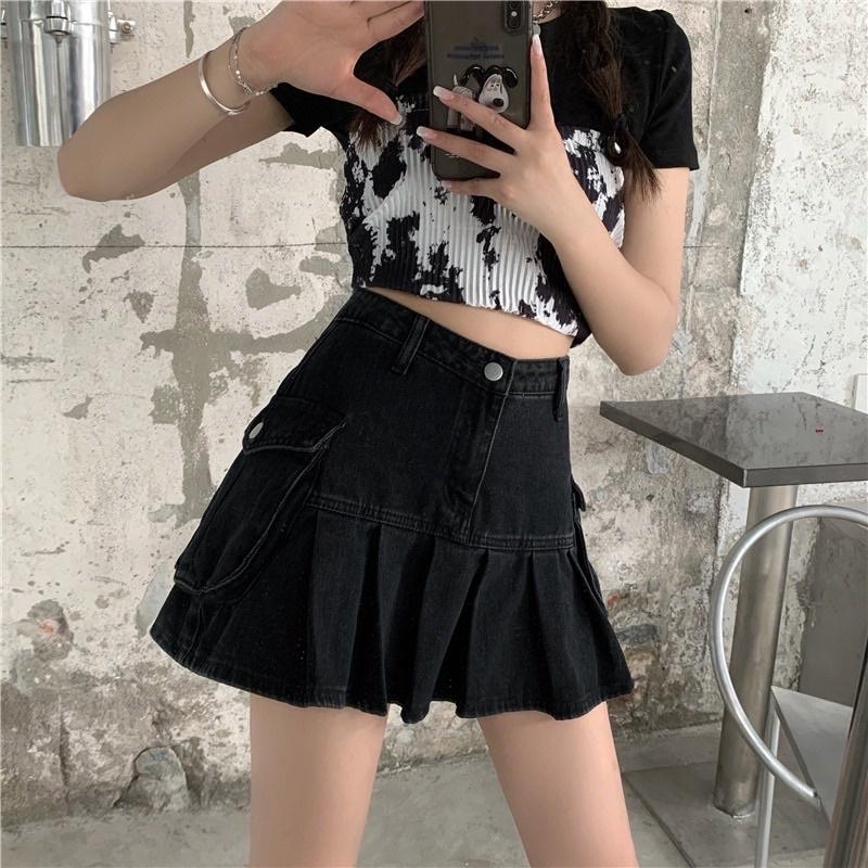 (SẴN L, XL) CHÂN VÁY JEAN XOÈ XẾP LY PHONG CÁCH RETRO V6