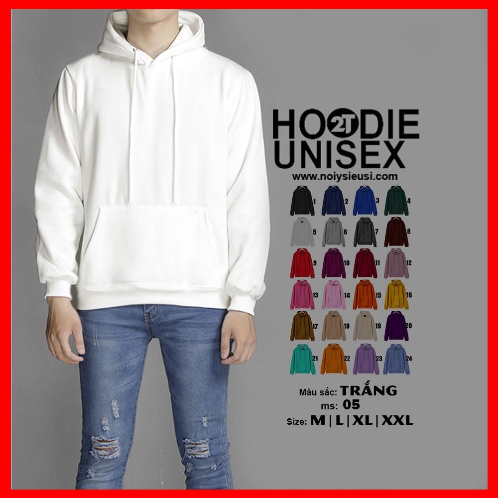 Áo hoodie unisex 2T Store H05 màu trắng khoác nỉ chui đầu nón 2 lớp dày dặn đẹp chất lượng