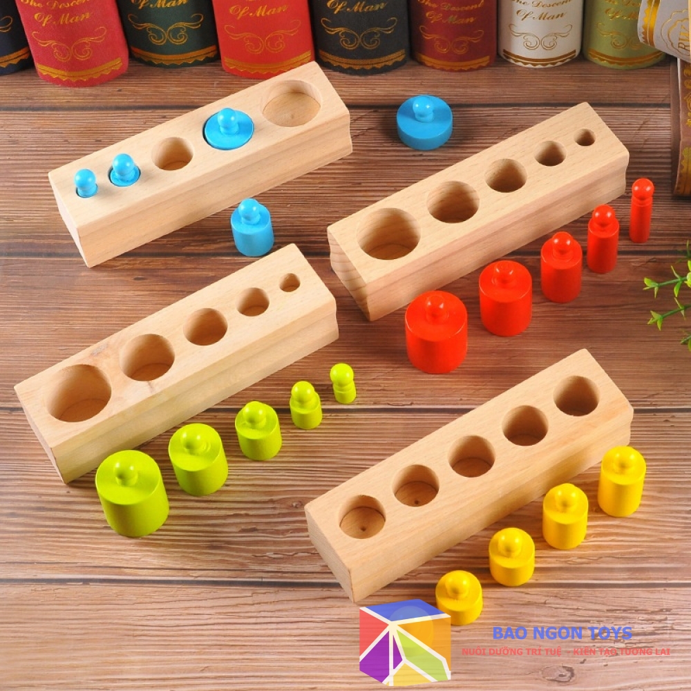 BỘ ĐỒ CHƠI GỖ THÔNG MINH SET 4 HÌNH TRỤ CÓ NÚM, ĐỒ CHƠI GỖ MONTESSORI CHO TRẺ TỪ 0 ĐẾN 3 TUỔI