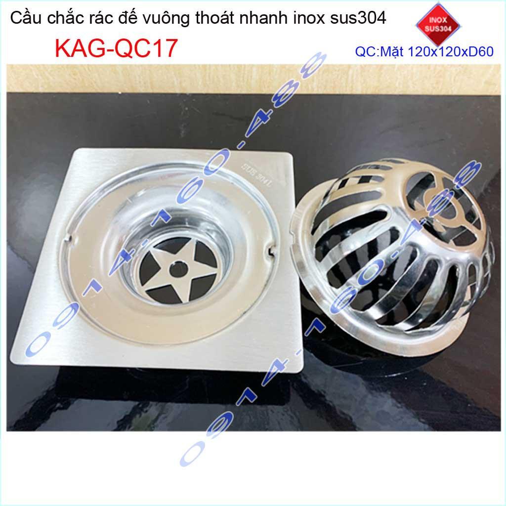 Cầu chắn rác đế vuông 12x12cm D60 KAG-QC17, Phễu thoát nước sân thượng SUS304 ống 6cm thoát nhanh chắn rác tốt