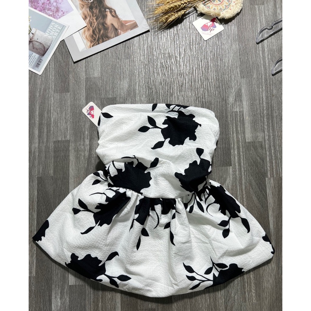 Áo ống hoa phồng bo eo 2 lớp siêu xinh