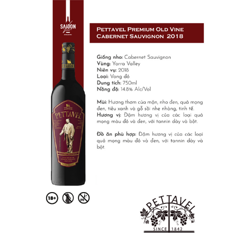 Rượu vang đỏ Pettavel Premium Old Vine Carbernet Sauvignon 2018 750ml 14.8% Alc