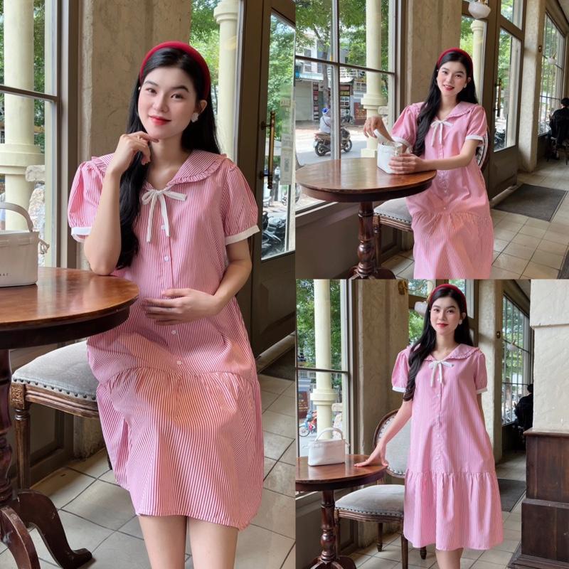 Đầm bầu sọc dáng đuôi cá cổ bèo thắt nơ xinh sang nhẹ nhàng Mom diện thoải mái nơi công sở và dạo phố đều xinh.. - Xanh nhạt