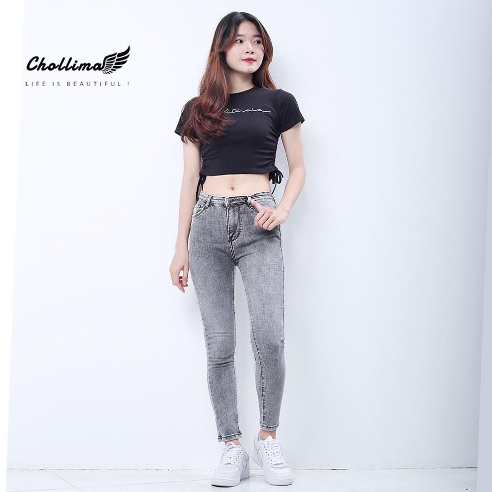 Quần jeans dài nữ co giãn Chollima cạp thường màu xám trắng QD029