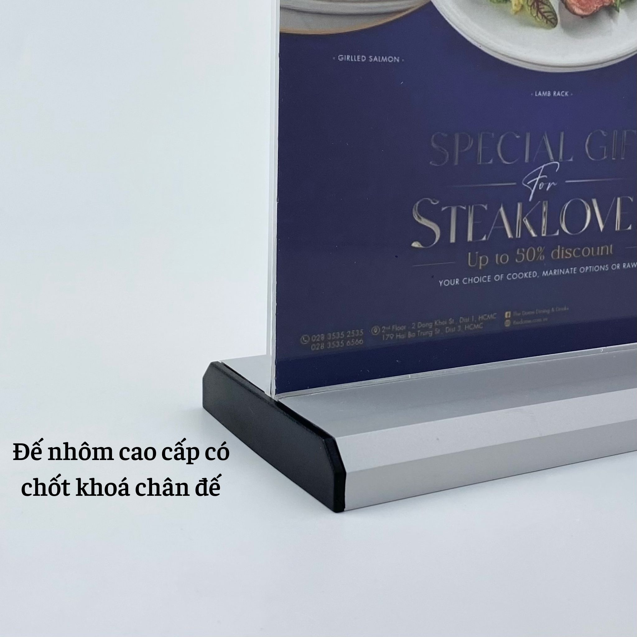 Kệ menu nhà hàng, Standee mica để bàn, Bảng quét mã QR Code, Kệ mica 2 mặt Enter E32 100x210mm đế nhôm 1/3 A4