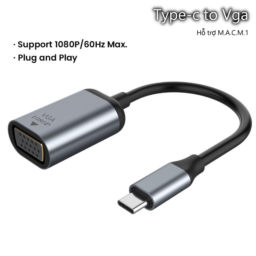 Cáp chuyển usb type-c to vga cho laptop, macbook hỗ trợ 1080p