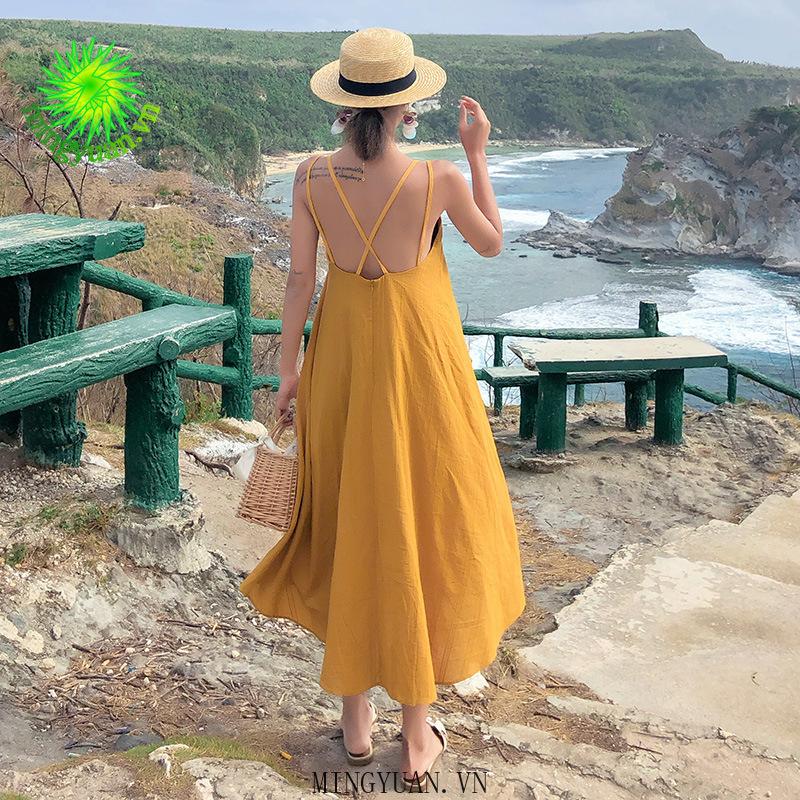 Đầm Dây Nữ Cộc Tay Lưng Trần Form Dài Thời Trang Hàn