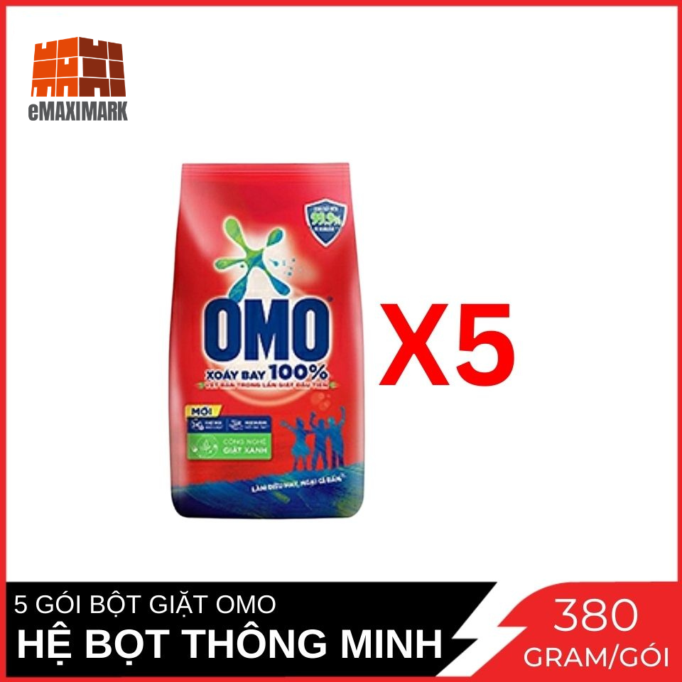 Combo 5 Túi Bột giặt Omo Đỏ Hệ Bọt Thông Minh Gói 380 g x5