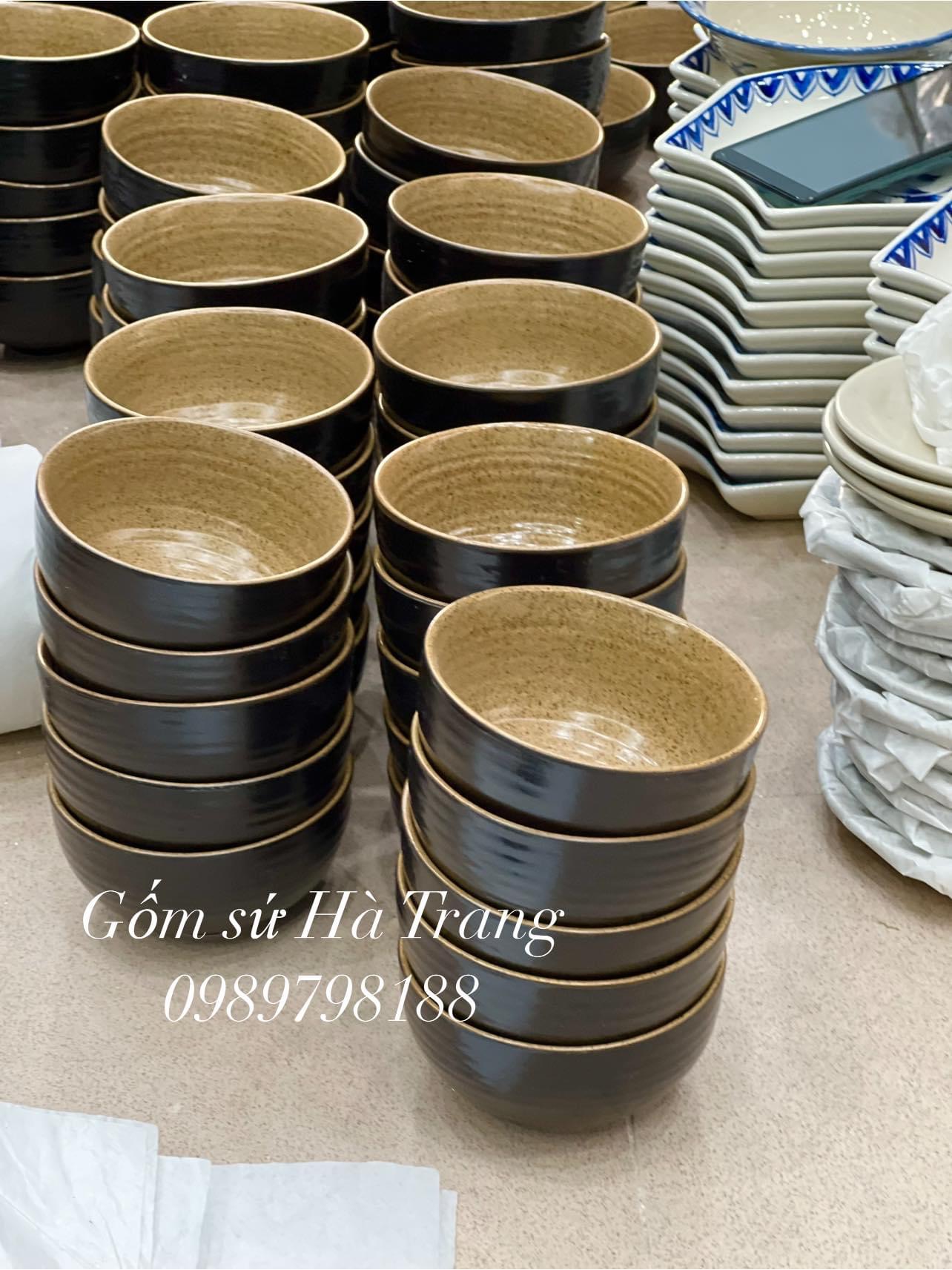 Bát cơm gốm sứ Bát Tràng cao cấp men đen lòng nâu gốm hạt tiêu phong cách Nhật