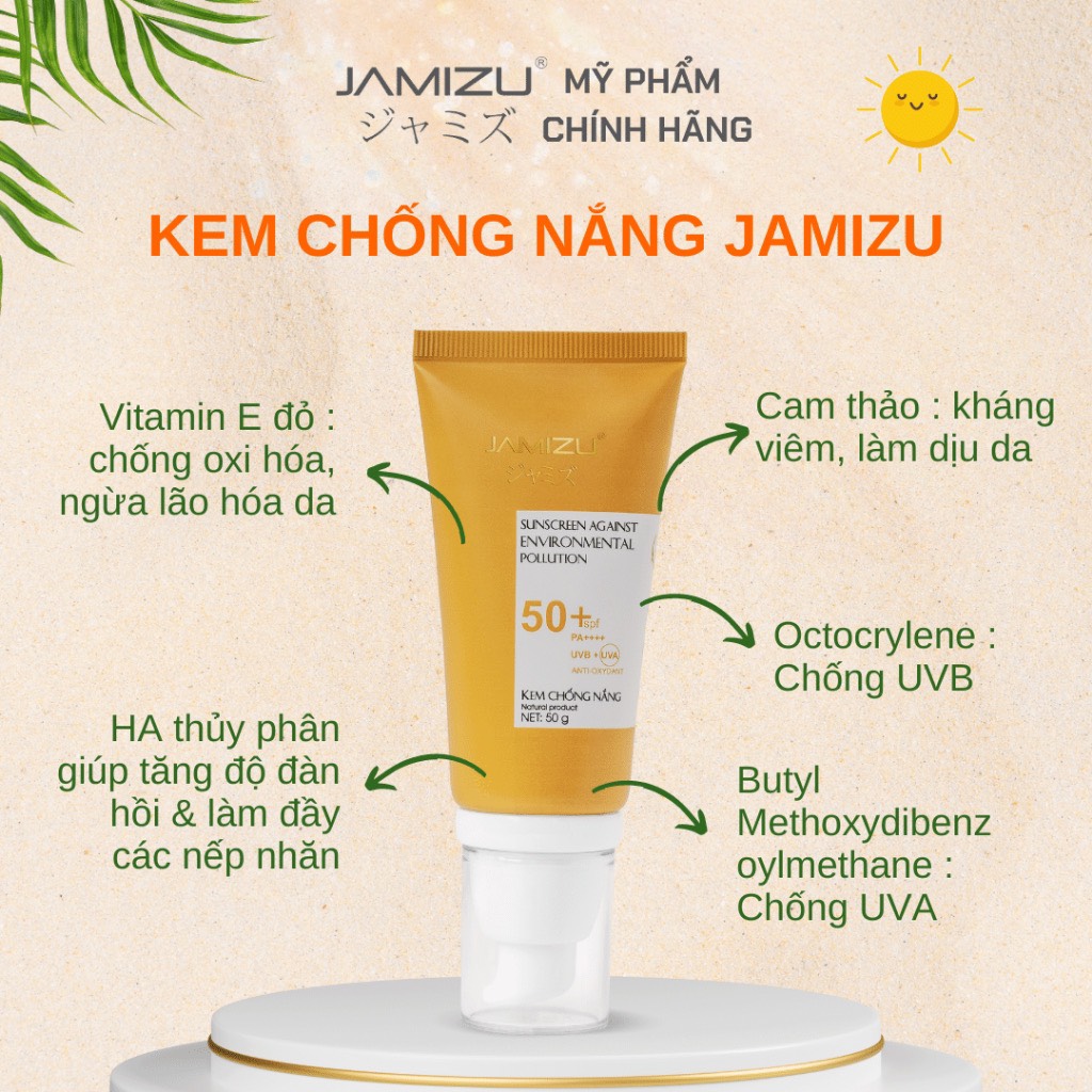 Kem Chống Nắng Chuyên Dùng Cho Da Nhờn Jamizu Nâng Tông, Căng Da, Kiềm Dầu, Chống Trôi Nước SPF 50+/PA+++ 50ml