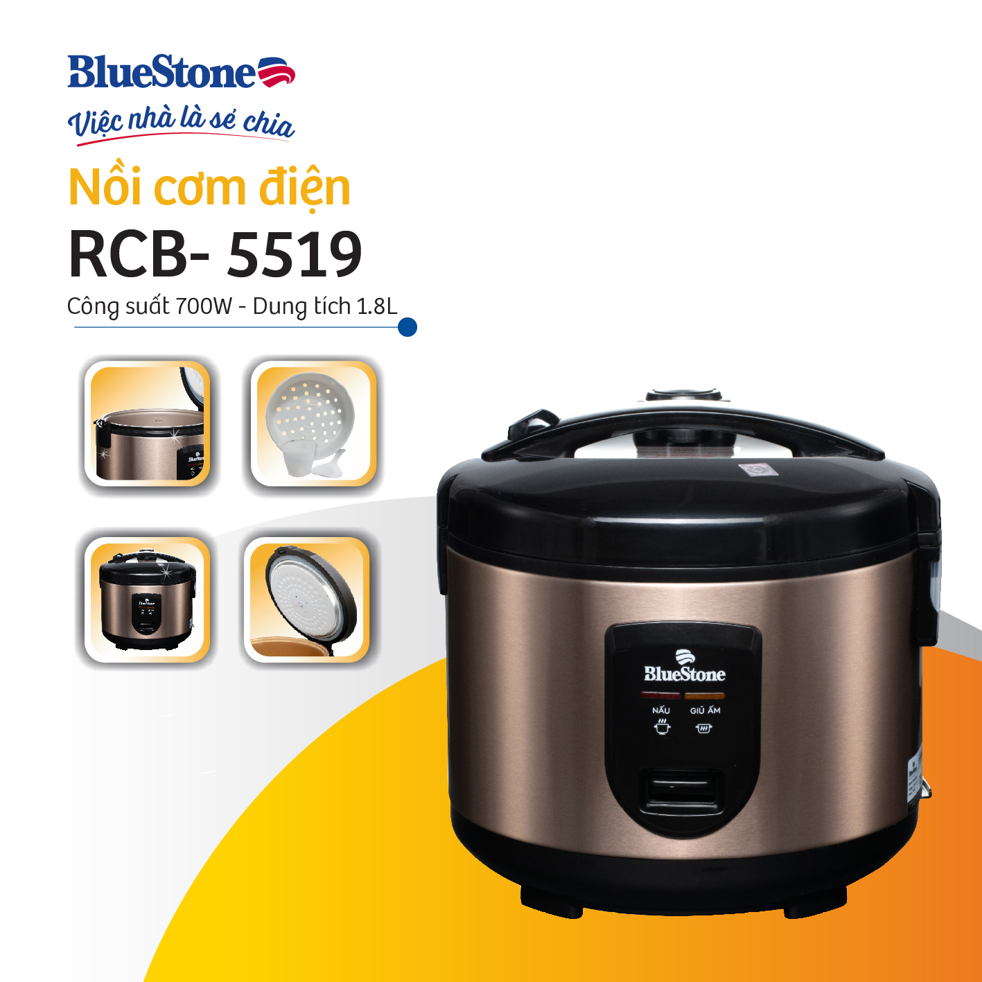 Nồi cơm điện nắp gài BlueStone RCB-5519 (1,8L -700W) - Hàng chính hãng - 2