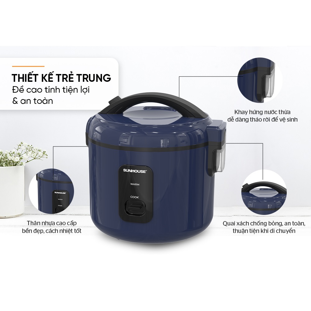 Nồi cơm điện SUNHOUSE SHD8213 chống dính tổ ong siêu bền, cơm ngon, dung tích 1.2L cho 2-4 người - Hàng chính hãng