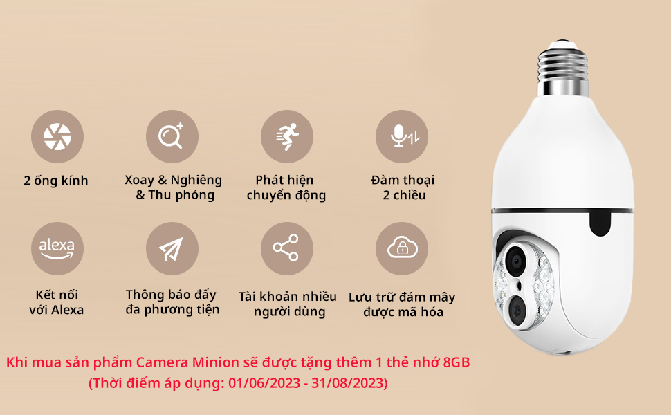 Camera Wifi IPC360 chuôi bóng đèn 2 ống kính, xoay ngang 360 độ, thu phóng 10 lần (Hàng chính hãng)