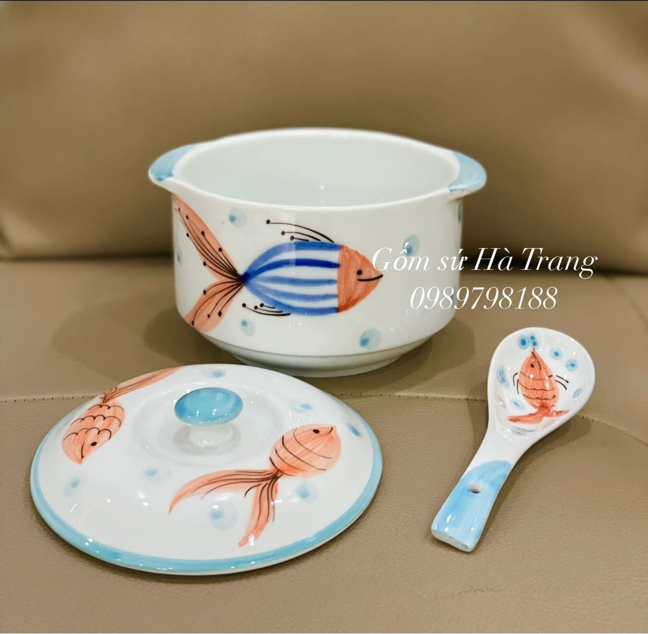 Thố chưng yến dung tích 600ml gốm sứ Bát Tràng cao cấp vẽ hoạ tiết cá kèm thìa