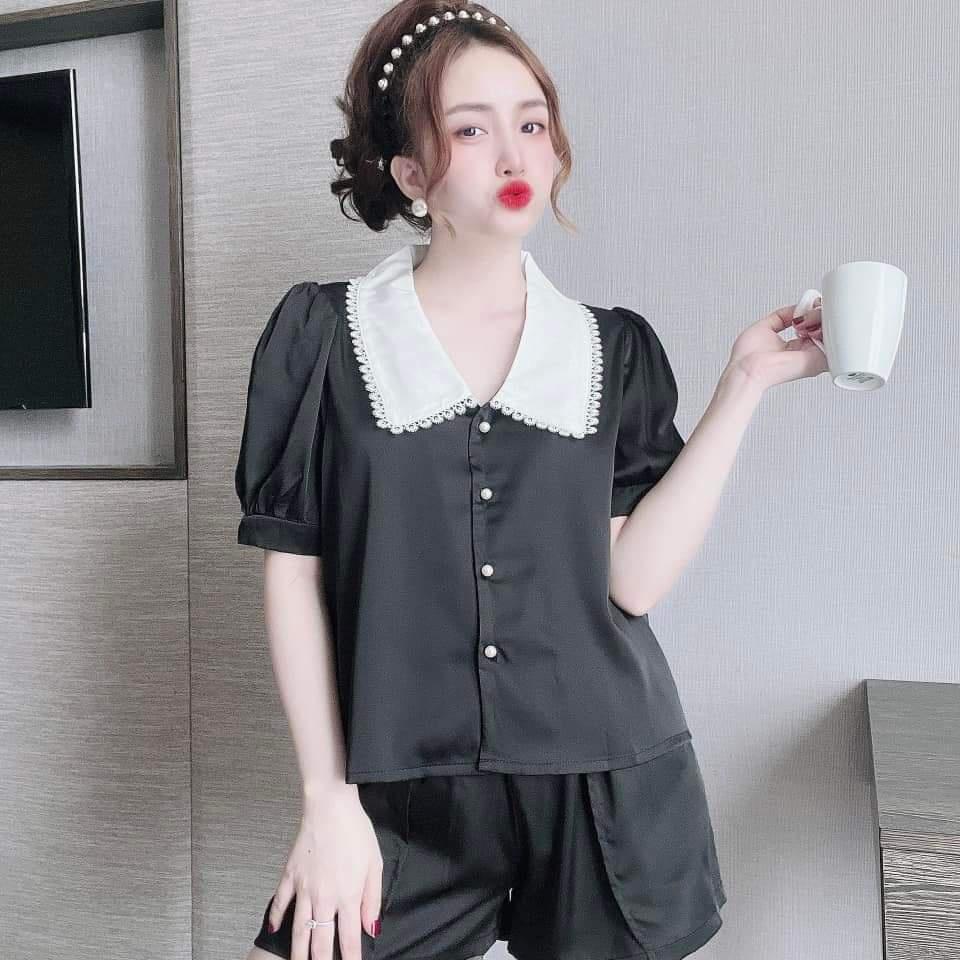 Bộ Pijama, Bộ Lụa LATIN CAO CẤP, Đồ Mặc Nhà Kiểu Quần Ngắn, Lá Cổ Trắng Viền Ren, Hàng Đẹp May Kỹ, Phom Dưới 58kg