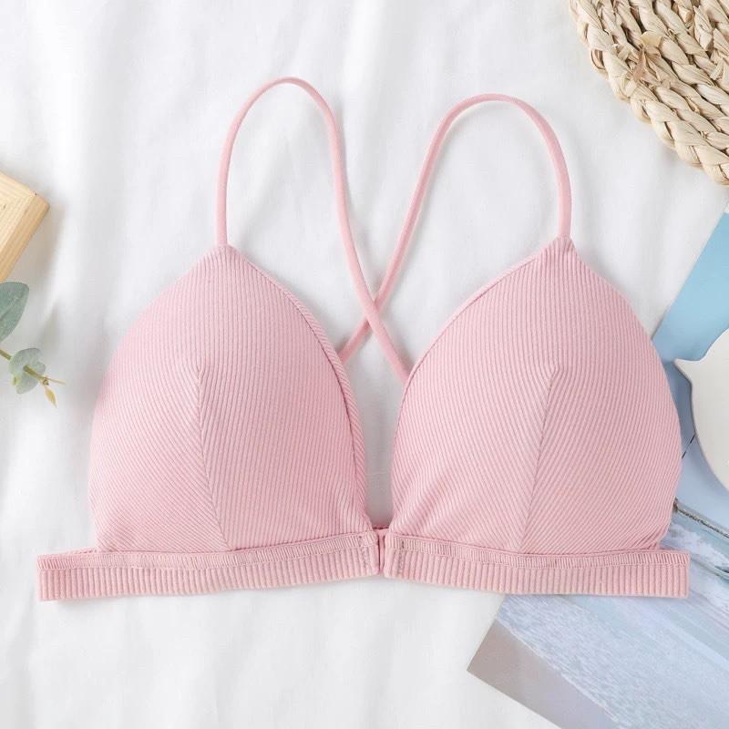 Áo Lót Nữ. Áo Ngực Bra Cotton Gân Dây Mảnh Chéo Sau Lưng Kiểu Nút Cài Trước.Mút Vừa Nâng Ngực.Free Size Từ 40kg tới 60kg