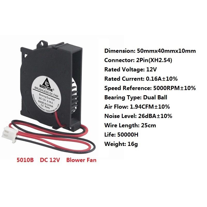 1 Pcs Gdstime 5010B 5cm Ventilation Blower DC 12V Ball Bearing 50*10mm Brushless Cooling Turbine Exhaust Fan 50mm x 40mm x 10mm