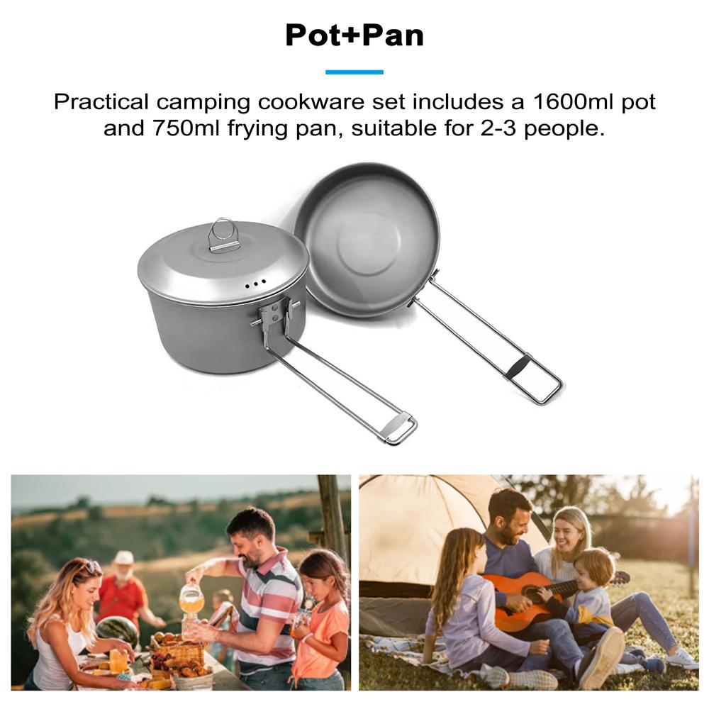 Titanium Camping Cookware Kit Portable Cooking Pan Pot with Collapsable Folding Handle for Camping Backpacking Hiking Barbecue